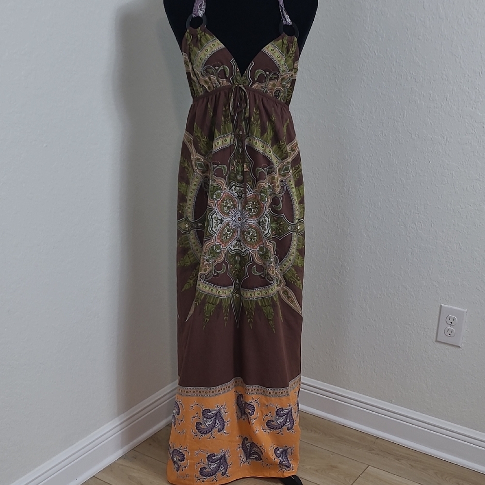 Brown & Olive Patterned Maxi Dress - Sleeveless Summer Dress